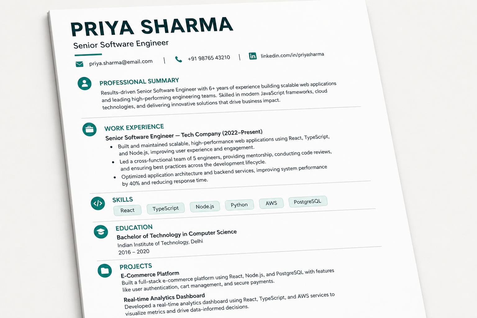 Polished resume preview inside the Rouniq AI dashboard